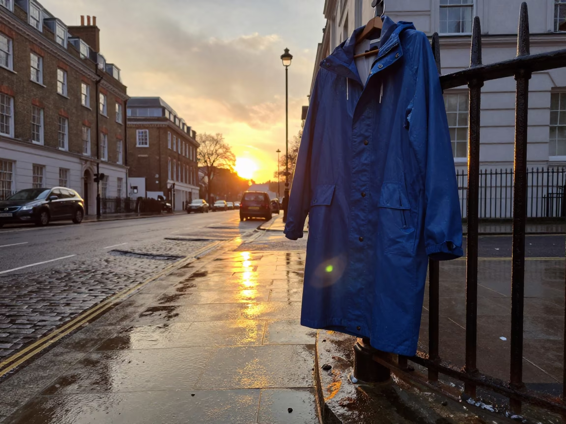 Sunset light on London street corner with raincoats and bougainvillea in in London, United Kingdom