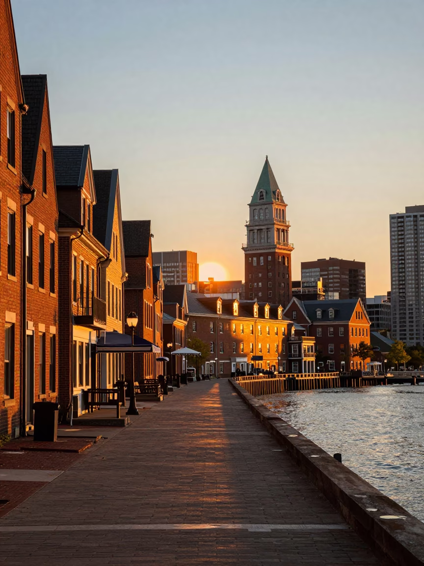Sunset Light on Long Wharf in Boston in in Boston, Massachusetts, United States
