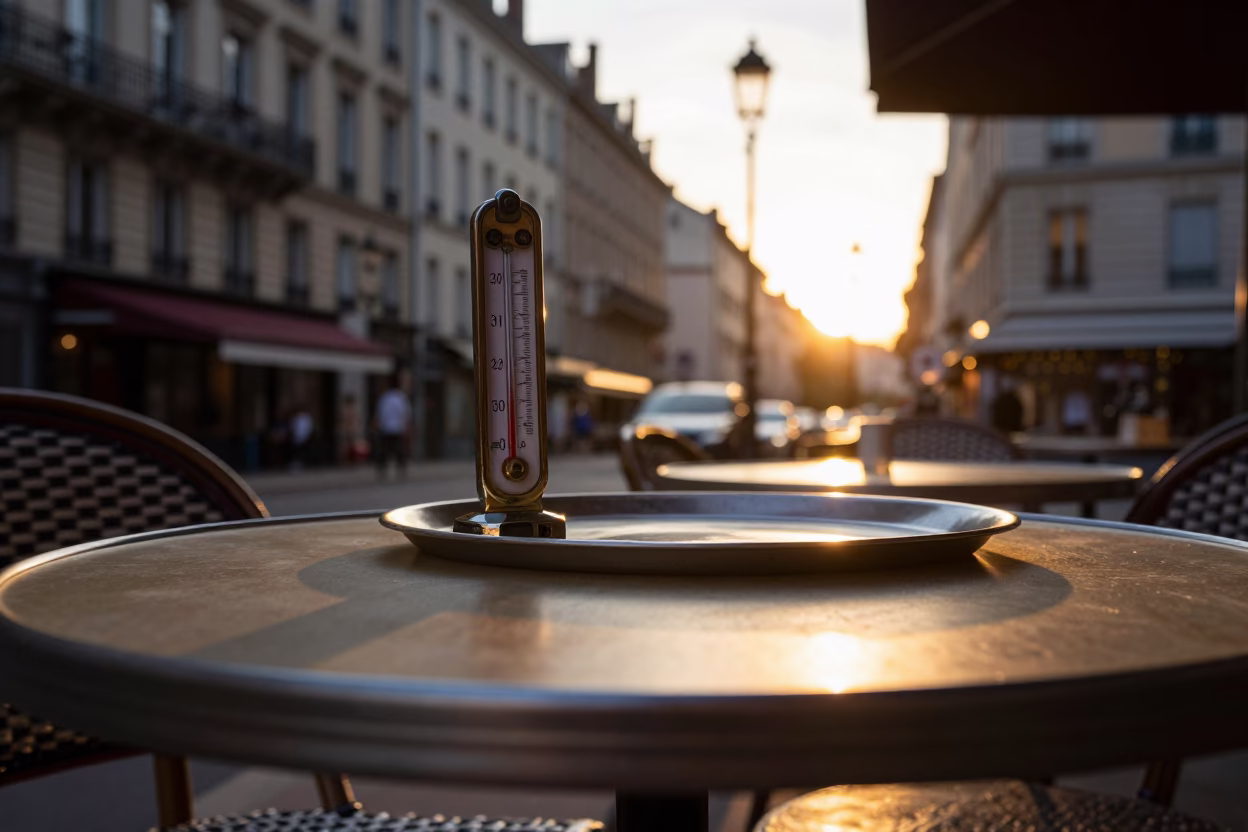 Sunset light on Lyon cafe table with thermometer and porcelain jars in in Lyon, France