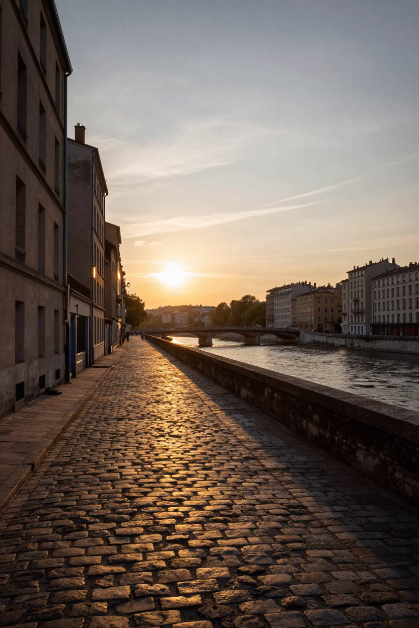 Sunset light on Lyon cobblestones near Saone river with condensation on hinge in in Lyon, France
