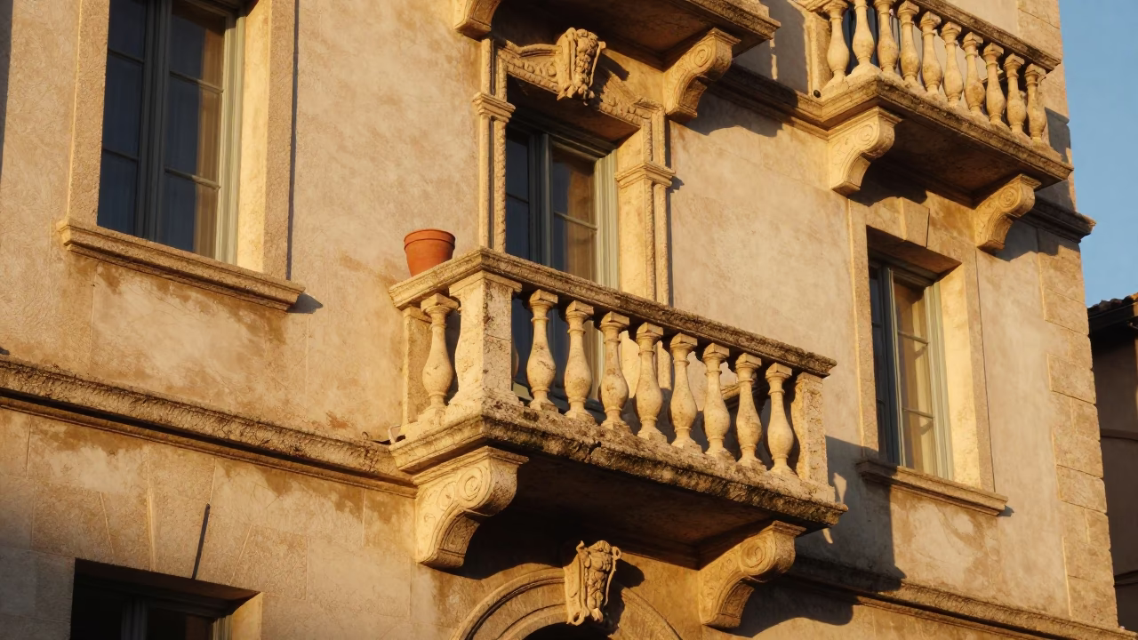 Sunset Light on Lyon Stone Balconies with Rustic Clay Pot and Berry in in Lyon, France