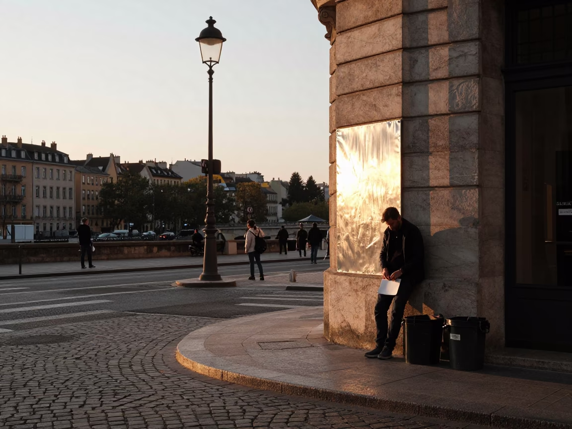 Sunset Light on Lyon Street Corner with Brushed Steel and Leather Details in in Lyon, France