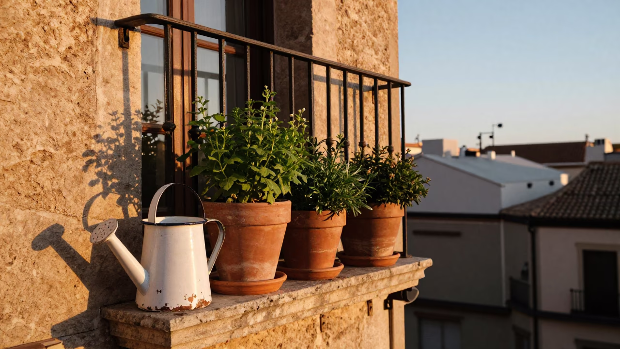 Sunset Light on Madrid Balcony With Herbs And Rustic Details in in Madrid, Spain