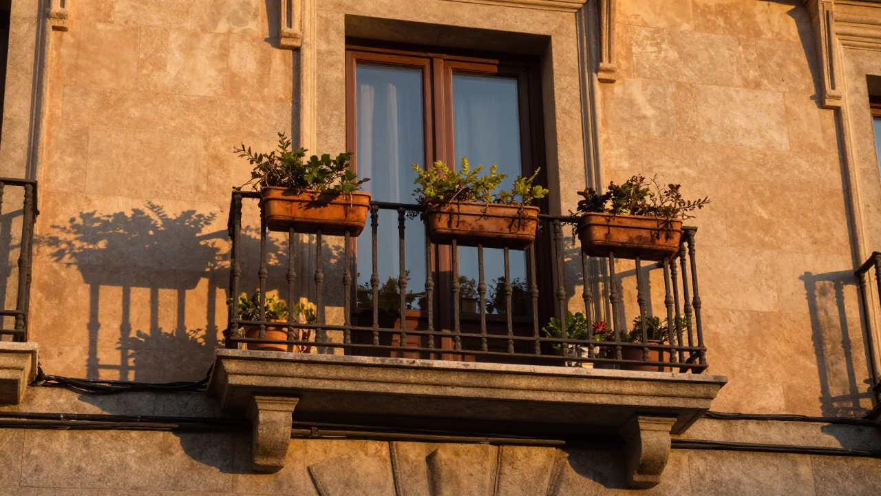 Sunset Light on Madrid Balcony with Window Boxes and Storage Tins in in Madrid, Spain