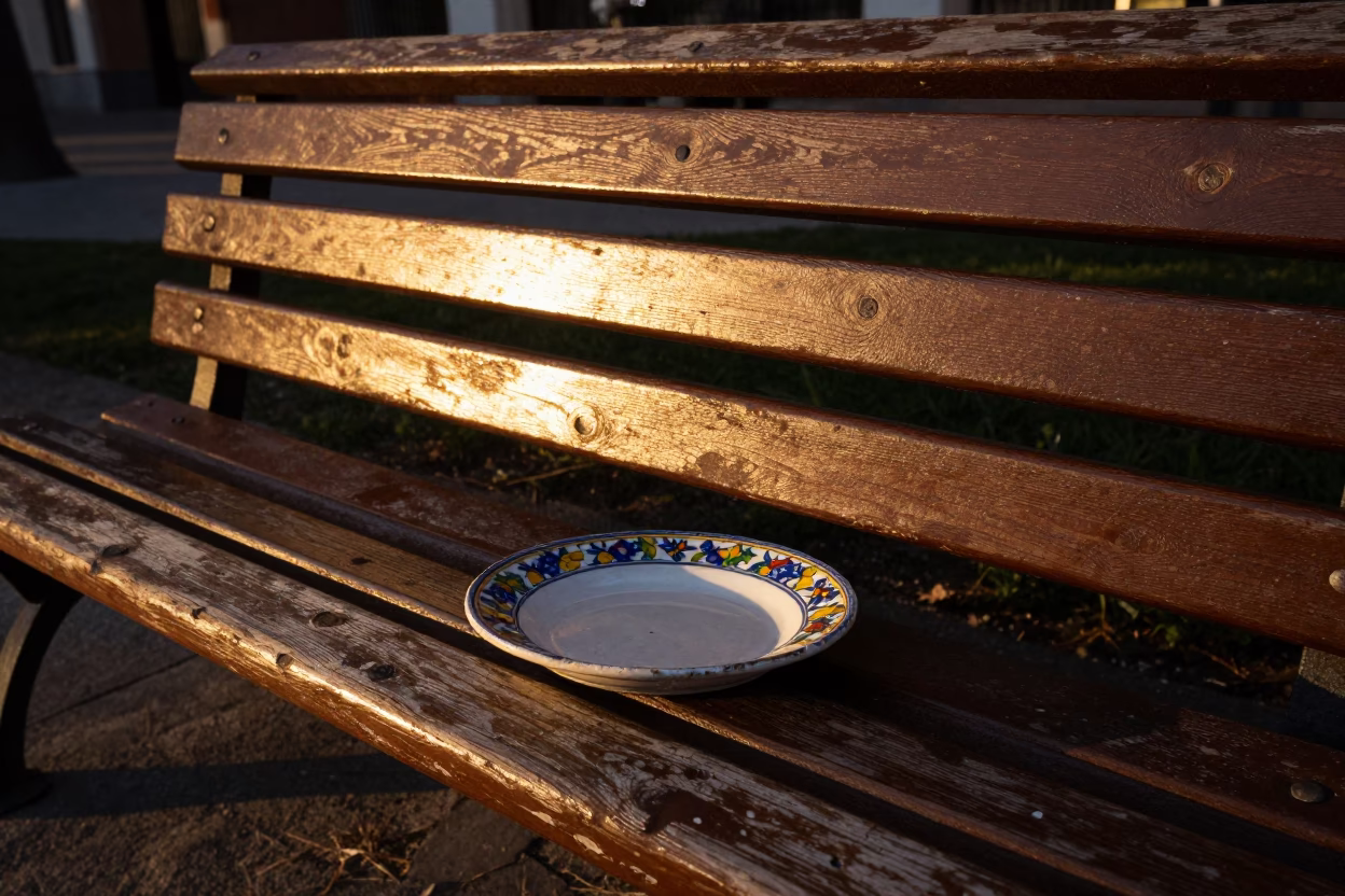 Sunset light on Madrid bench slat with vintage majolica plate and nectarines in in Madrid, Spain