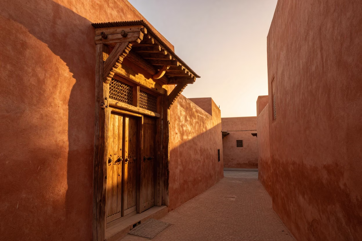Sunset Light on Marrakech Medina Alley with Dust on Doorframe and Traditional Architecture in in Marrakech, Morocco