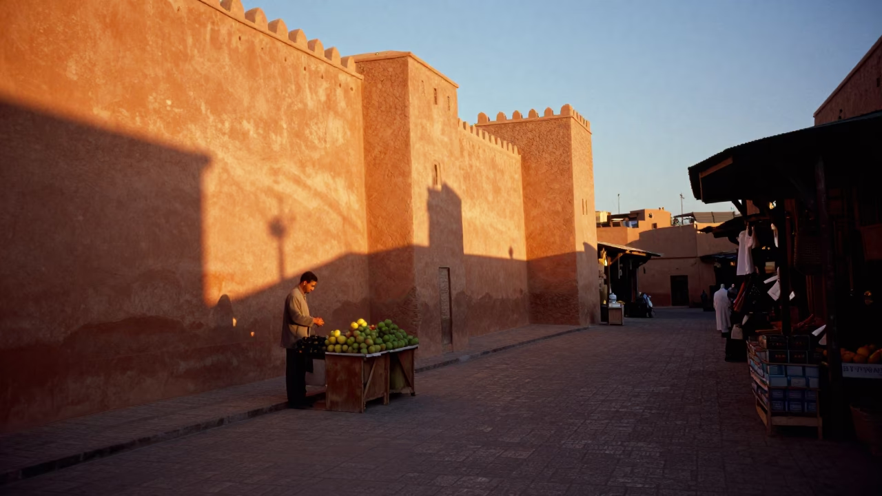 Sunset Light on Marrakech Medina Walls with Local Market Goods and Traditional Architecture in in Marrakech, Morocco