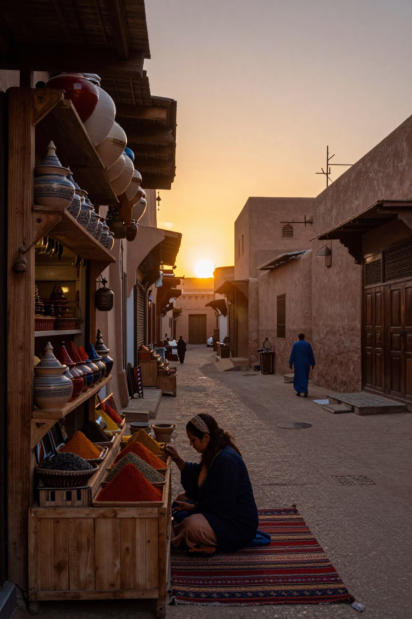 Sunset Light on Marrakech Souk Spice Jars and Traditional Henna Application in in Marrakech, Morocco