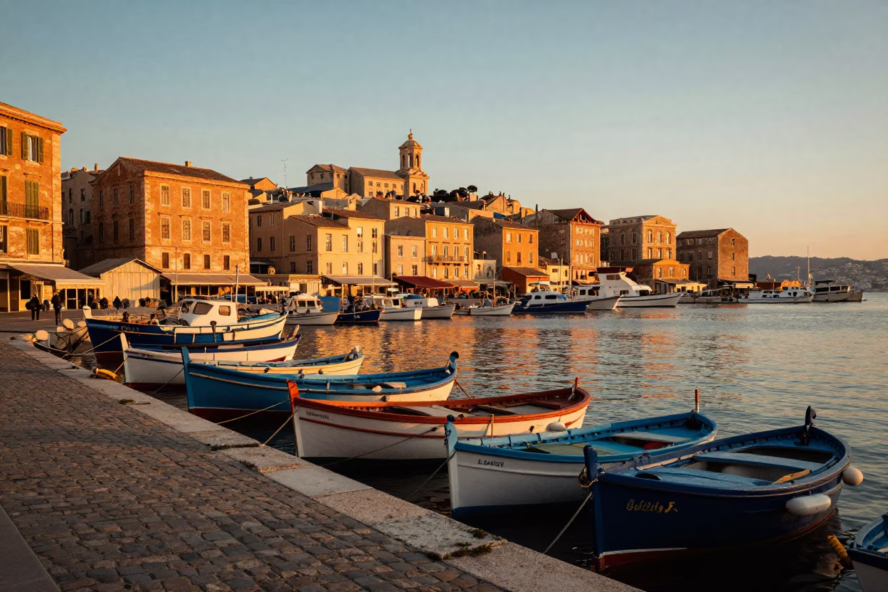 Sunset light on Marseille Old Port historic architecture and fishing boats in in Marseille, France
