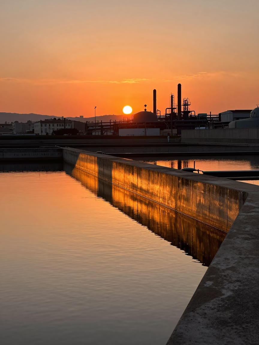 Sunset Light on Marseille Water Treatment Basin Reflecting Industrial Clouds in in Marseille, France