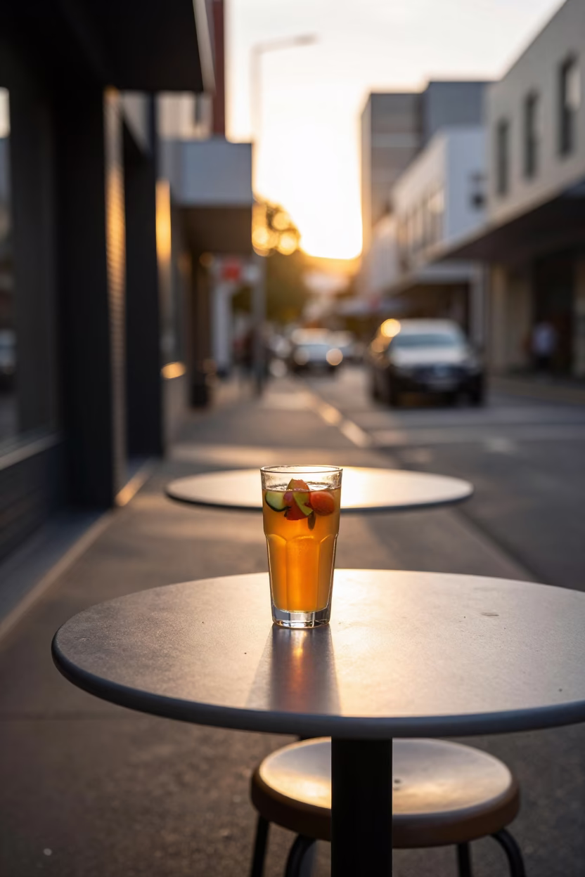 Sunset light on Melbourne laneway cafe table with kombucha and spindle chair in in Melbourne, Victoria, Australia