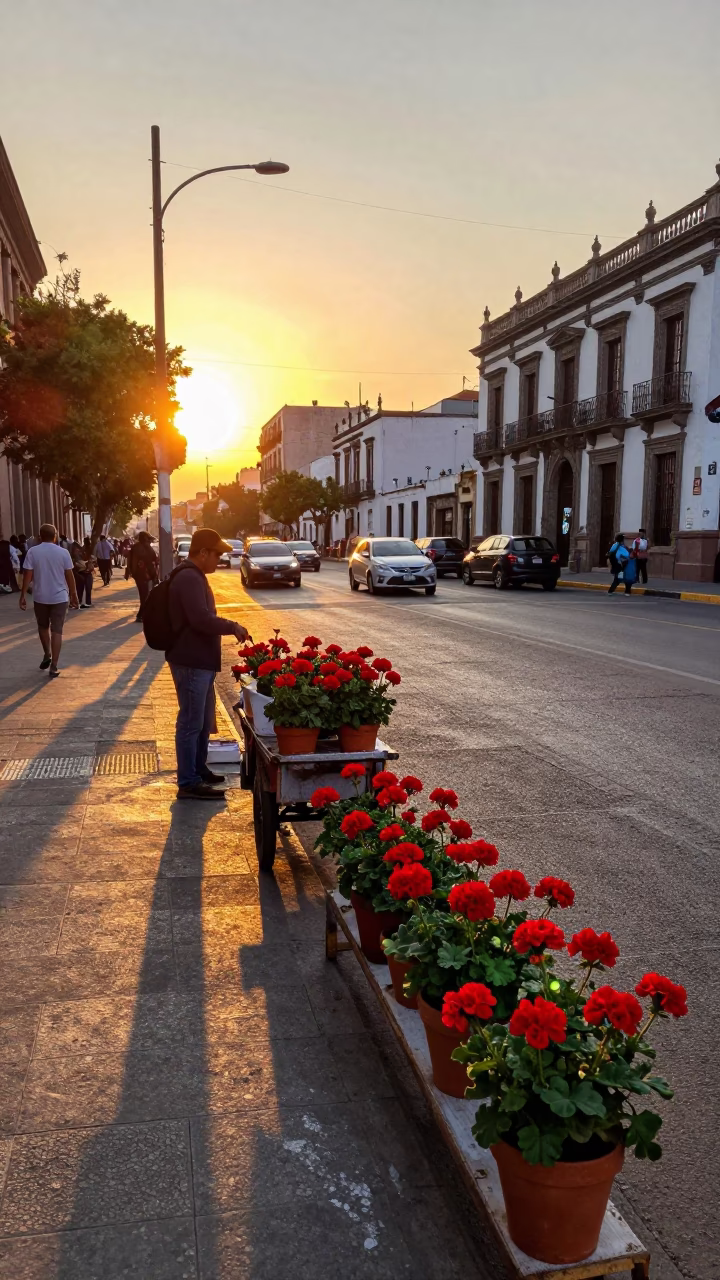 Sunset light on Mexico City street with geraniums and vendors in in Mexico City, Mexico