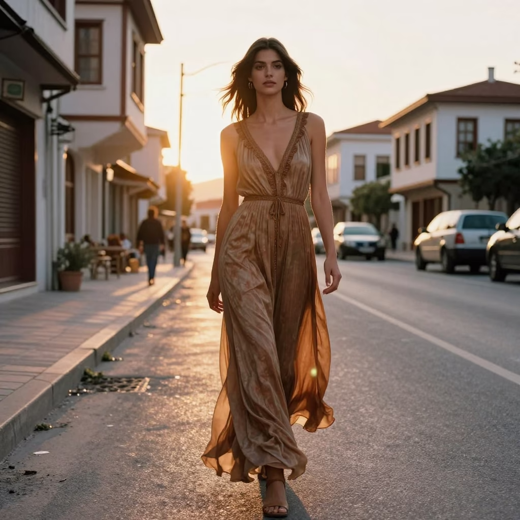 Sunset Light on Model in Izmir in in Izmir, Turkey