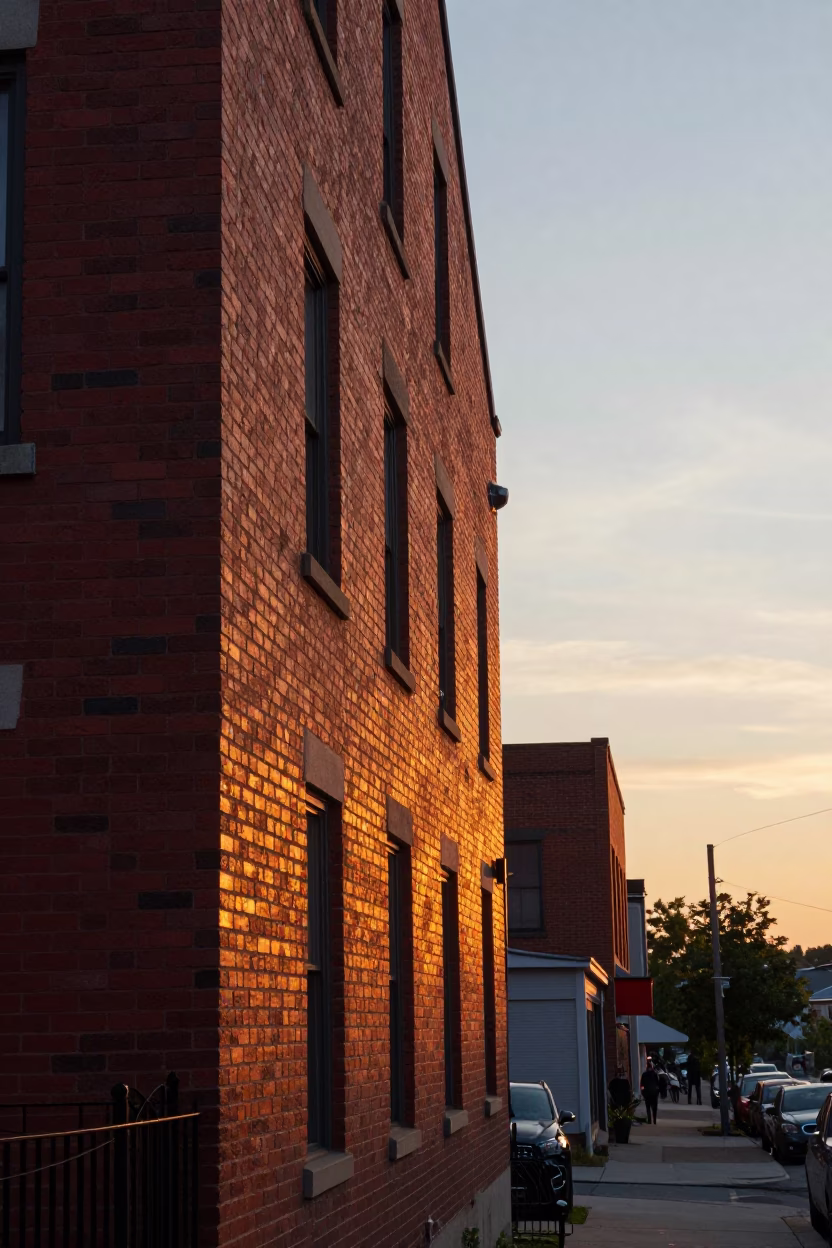 Sunset light on Montreal brick facade with casual street scene in Quebec in in Montreal, Quebec, Canada