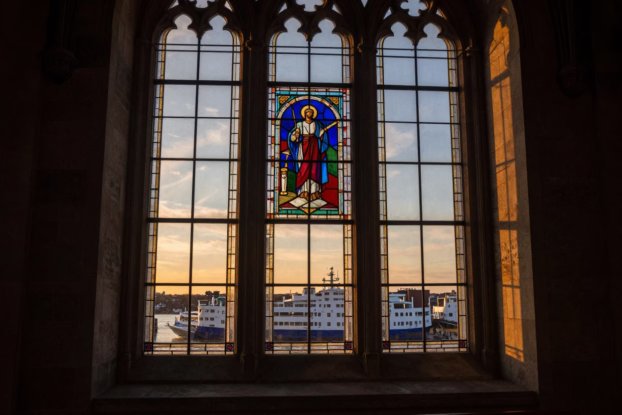 Sunset Light on Montreal Stained Glass and Ferry Piling at Low Tide in in Montreal, Quebec, Canada