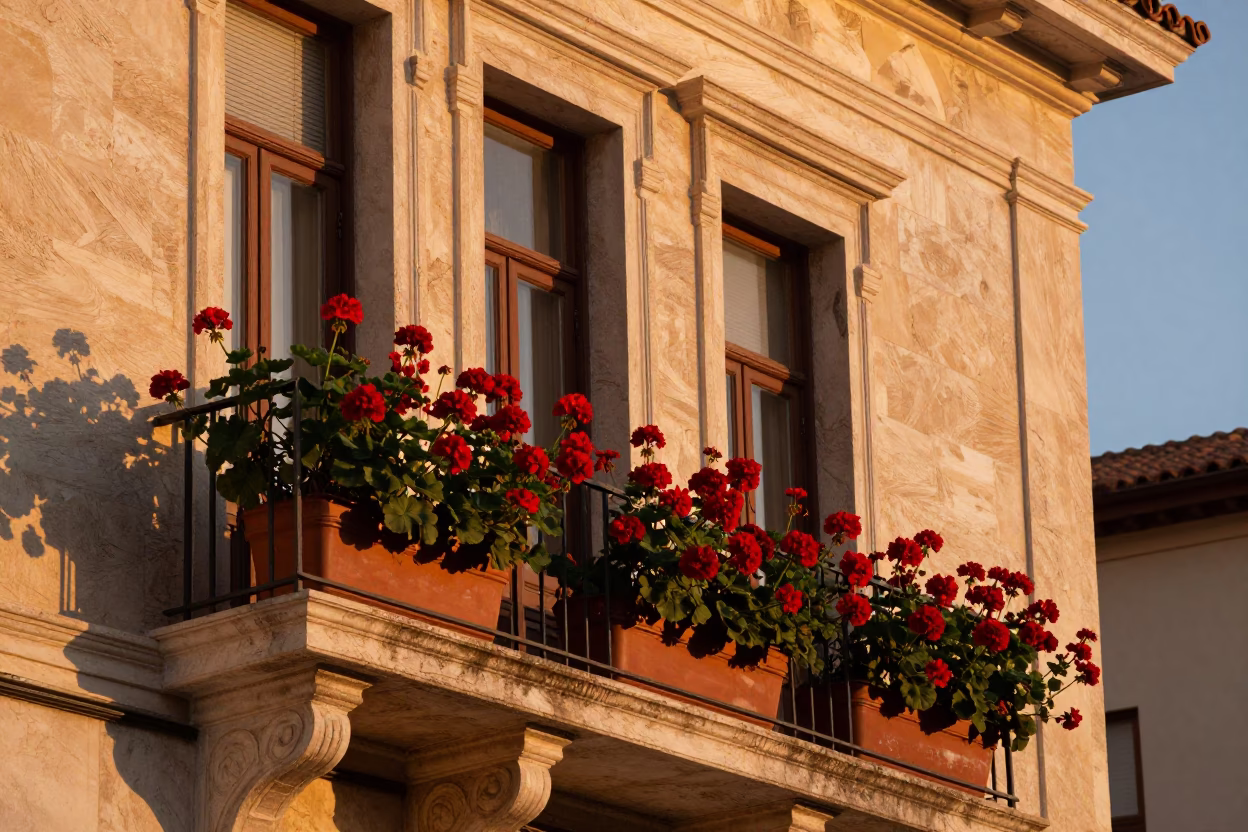 Sunset Light on Neoclassical Facade with Potted Geraniums in Athens in in Athens, Greece