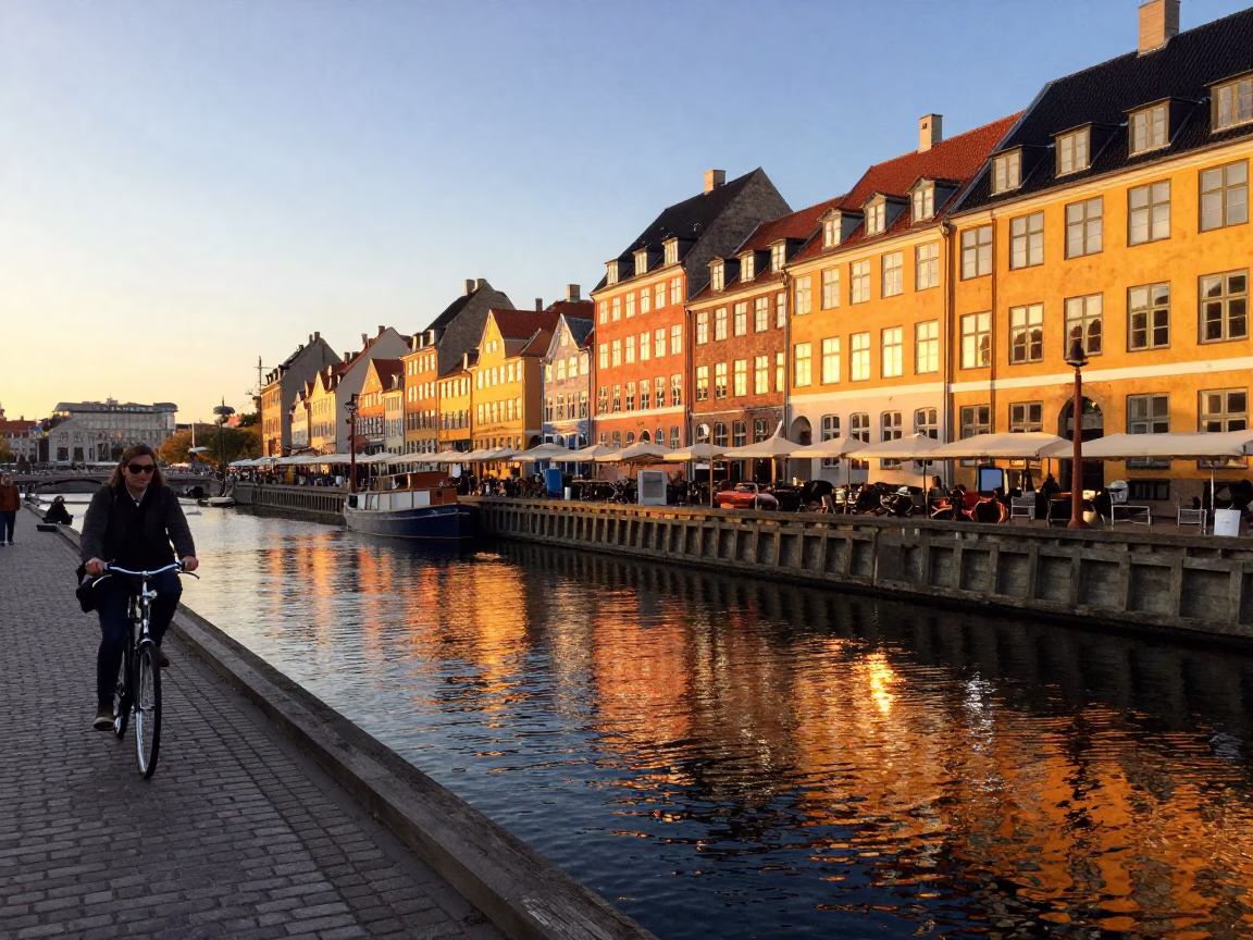 Sunset light on Nyhavn canal houses and cyclists in Copenhagen Denmark in in Copenhagen, Denmark