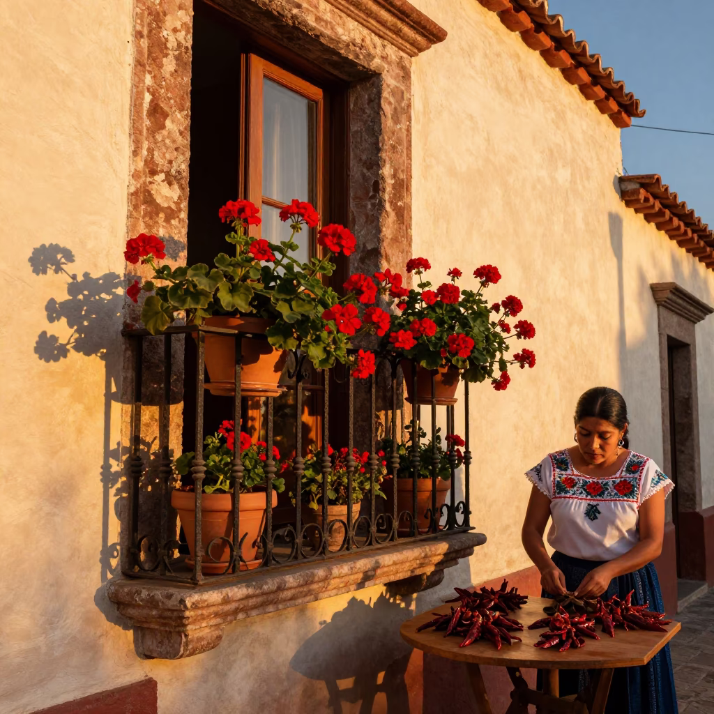 Sunset light on Oaxaca balcony with geraniums and traditional pottery in in Oaxaca, Mexico