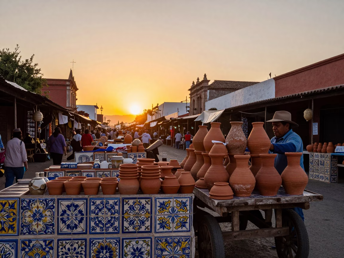 Sunset Light on Oaxaca Market Stalls with Terracotta Pots and Geraniums in in Oaxaca, Mexico