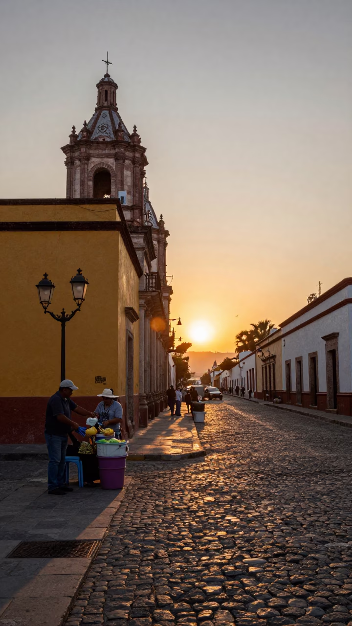 Sunset Light on Oaxacan Street Corner with Local Vendor and Colorful Textiles in in Oaxaca, Mexico