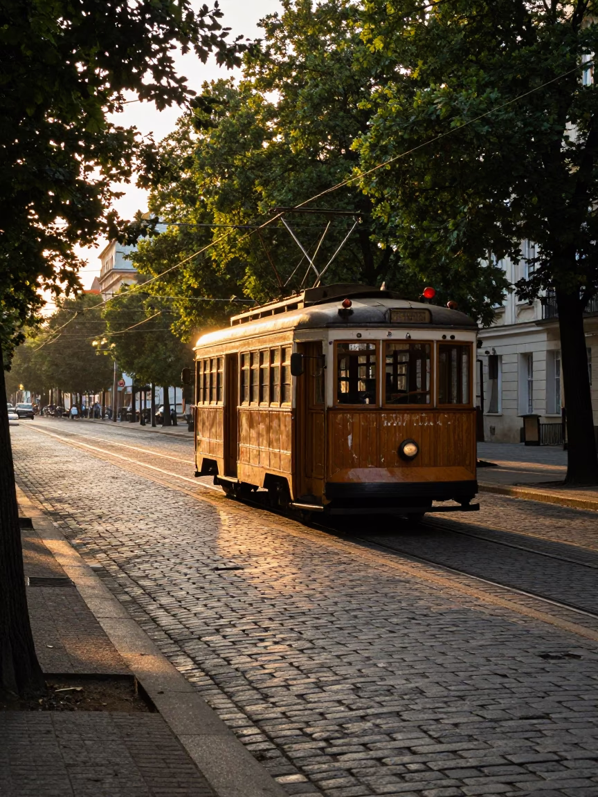 Sunset light on old Prague trolley and scratched wooden table in Czech Republic in in Prague, Czech Republic