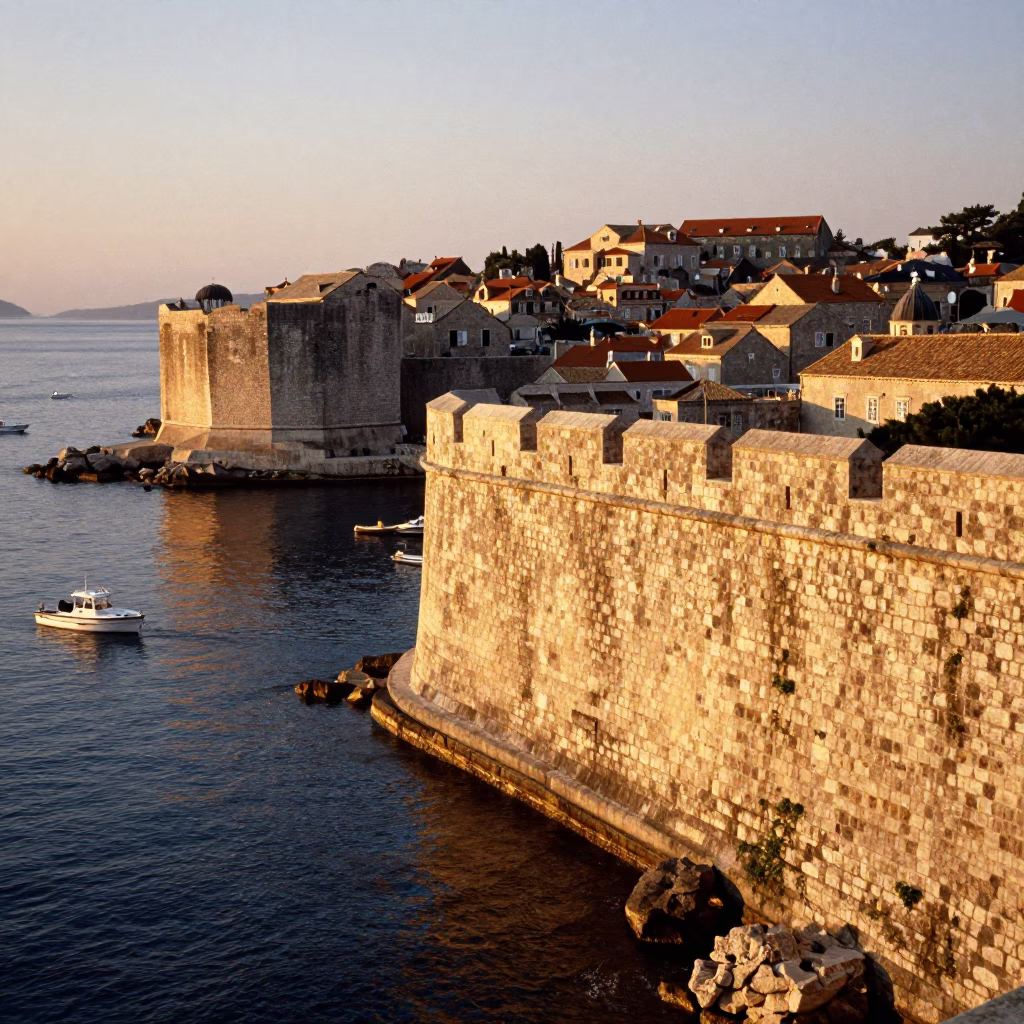 Sunset Light on Old Town Stone Walls And Harbor in Dubrovnik in in Dubrovnik, Croatia