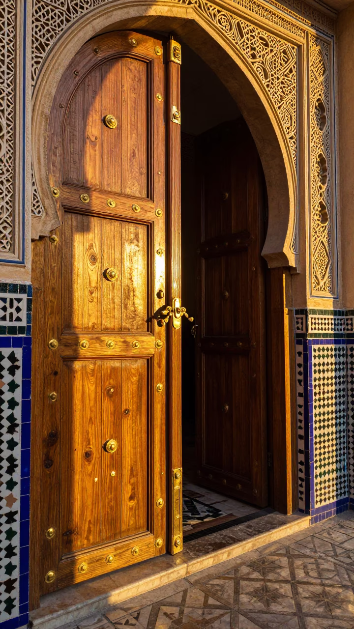 Sunset light on ornate wooden doors with brass hinges in Fez Morocco medina in in Fez, Morocco
