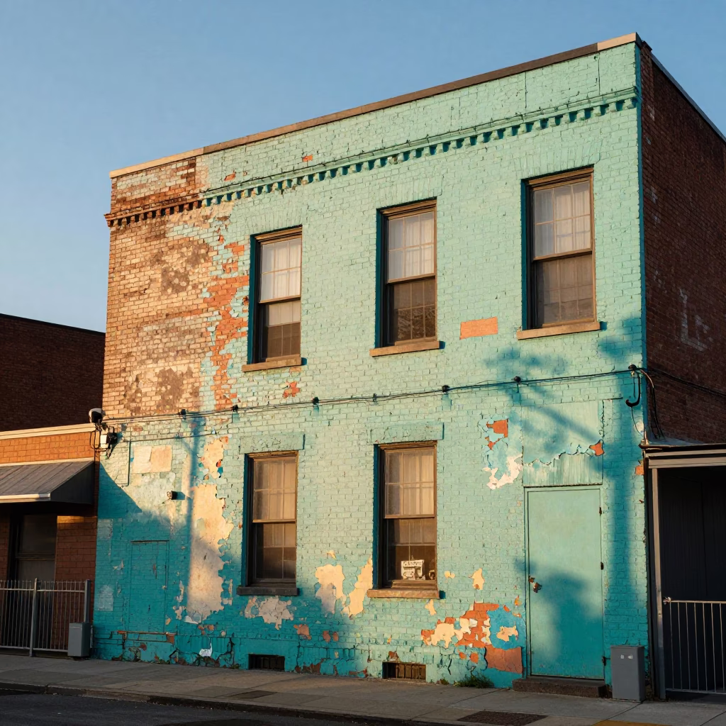 Sunset Light on Peeling Turquoise Paint Outside Brooklyn Water Taxi Terminal in in New York, New York, United States