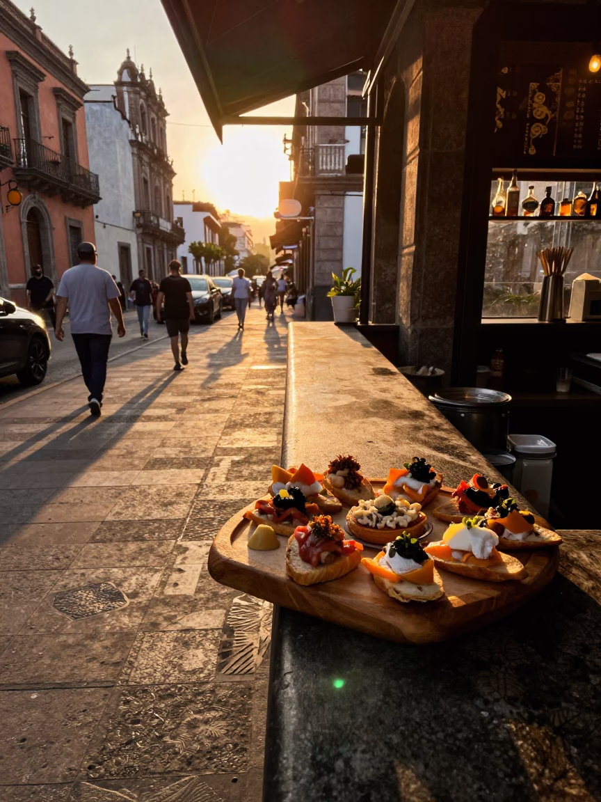 Sunset Light on Pintxos Tray in Mexico City in in Mexico City, Mexico