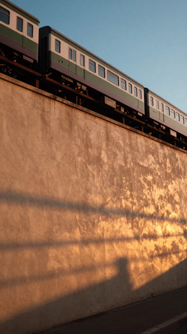 Sunset light on plaster wall in Johannesburg South Africa with train trestle in in Johannesburg, South Africa