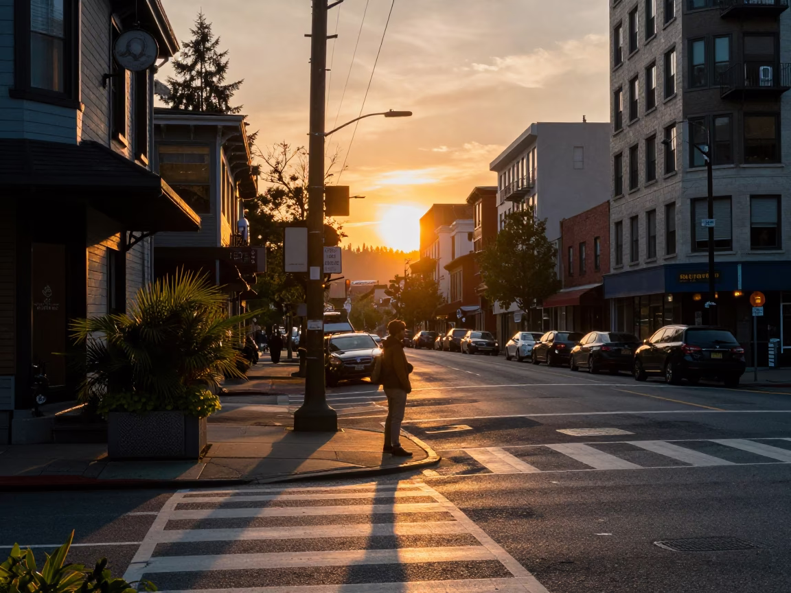 Sunset Light on Portland Street Corner with Houseplants and City Traffic in in Portland, Oregon, United States