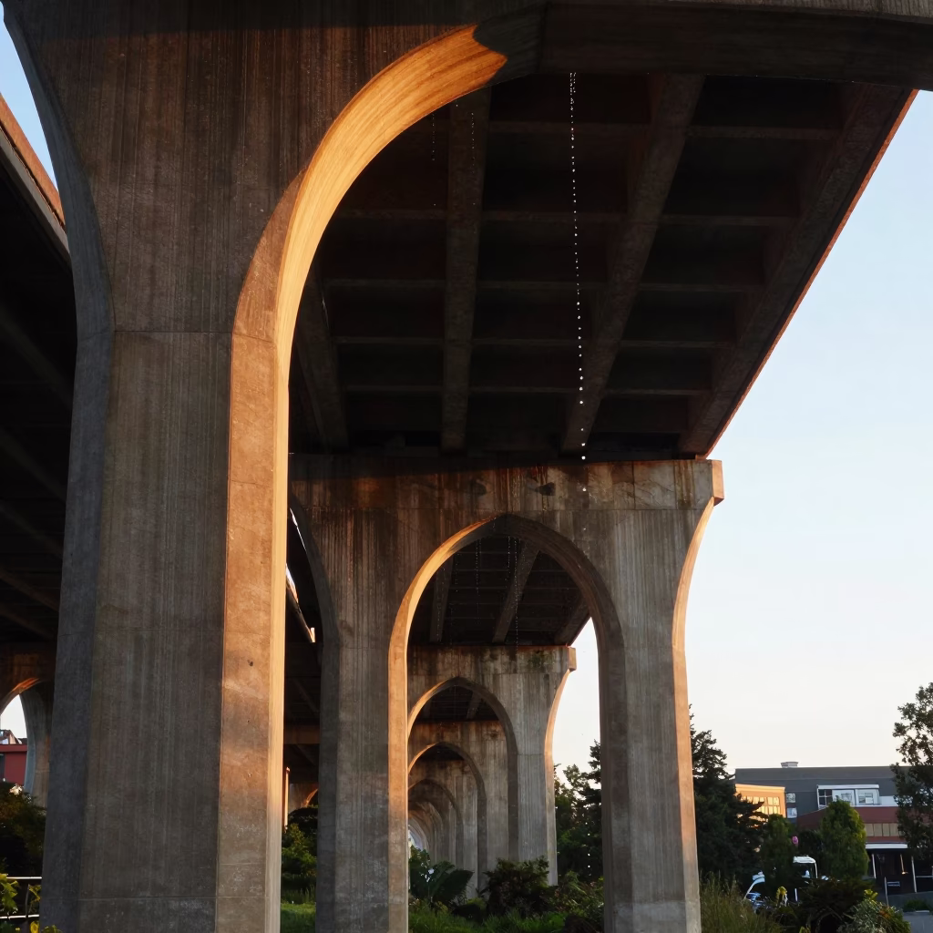 Sunset Light on Portland Viaduct Arch Undercroft with Dripping Ferny Stone in in Portland, Oregon, United States