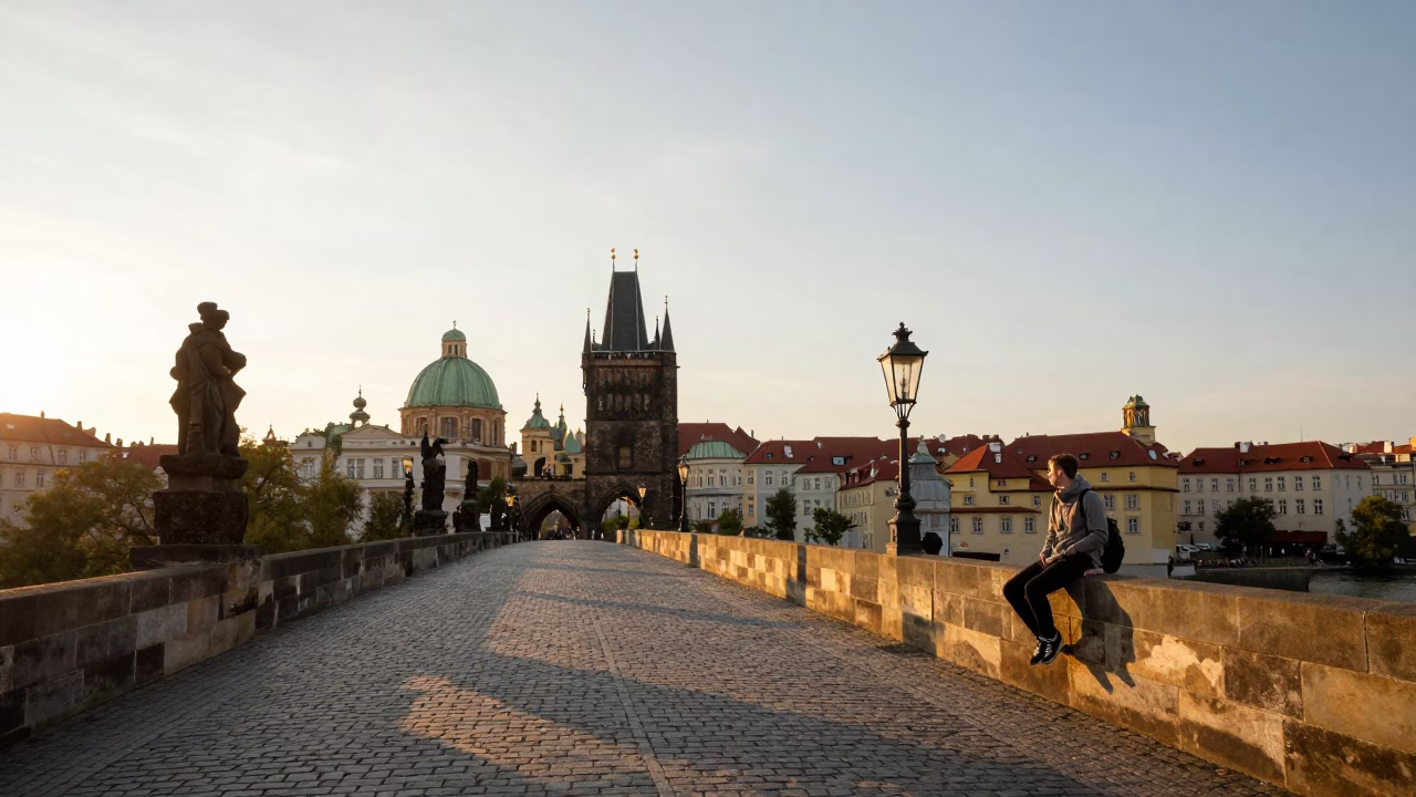 Sunset Light on Prague Charles Bridge Stone Archway with Tourist Sketching in in Prague, Czech Republic