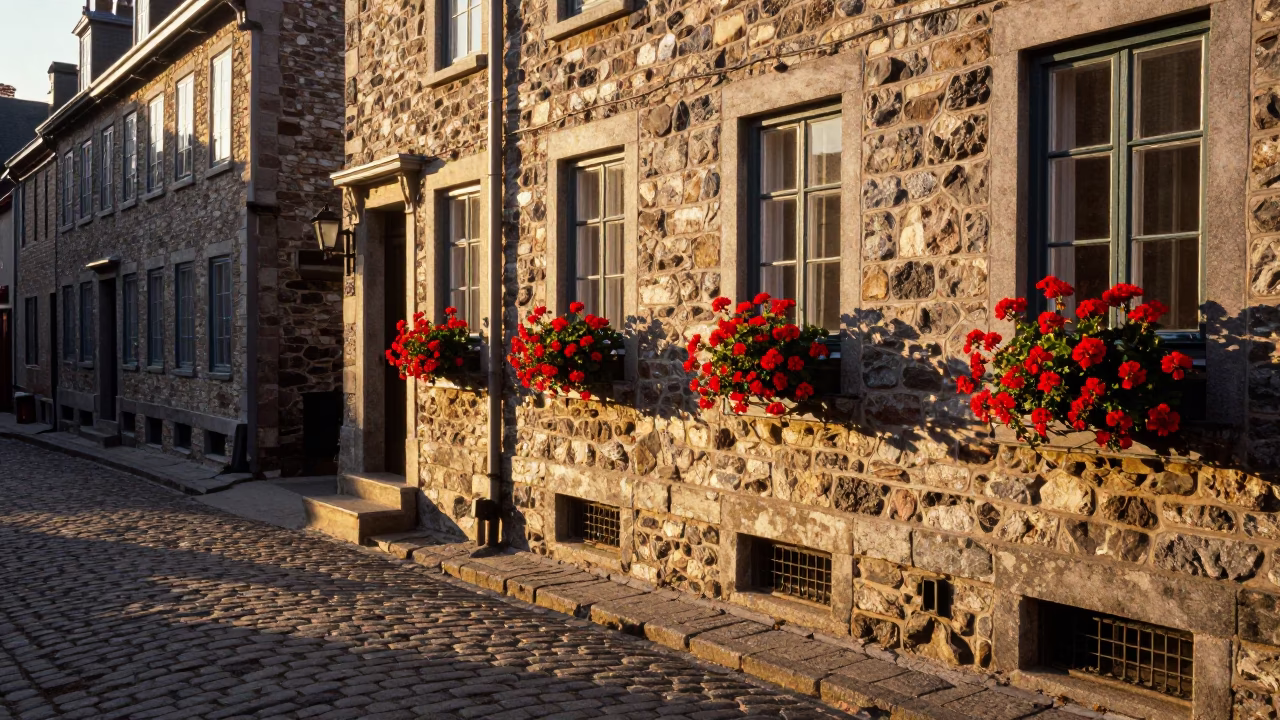 Sunset Light on Quebec City Cobblestones with Geraniums and Historic Stone Architecture in in Quebec City, Quebec, Canada