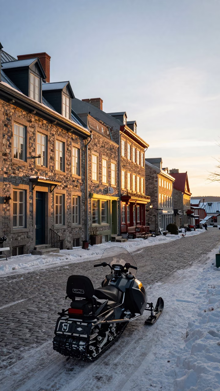 Sunset Light on Quebec City Historic District Street with Snowmobile and Camellia in in Quebec City, Quebec, Canada