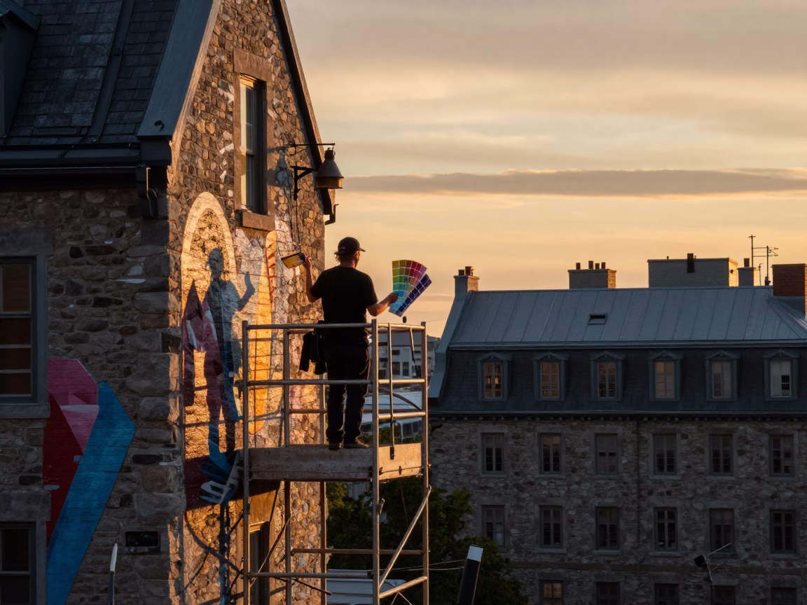Sunset Light on Quebec City Muralist Scaffold and Paint Swatches in Old Port in in Quebec City, Quebec, Canada