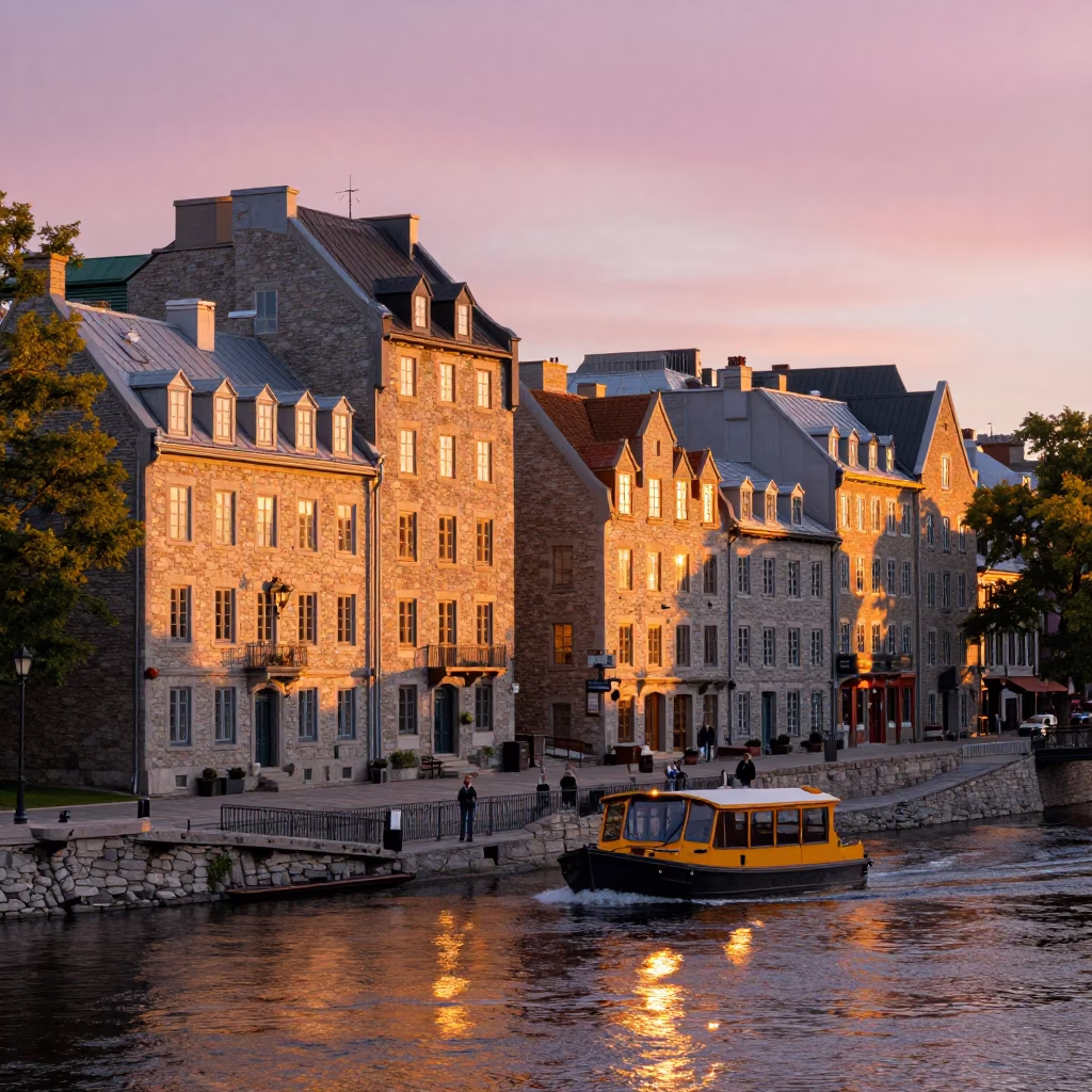 Sunset light on Quebec City stone walls with water taxi and canal houseboats in in Quebec City, Quebec, Canada