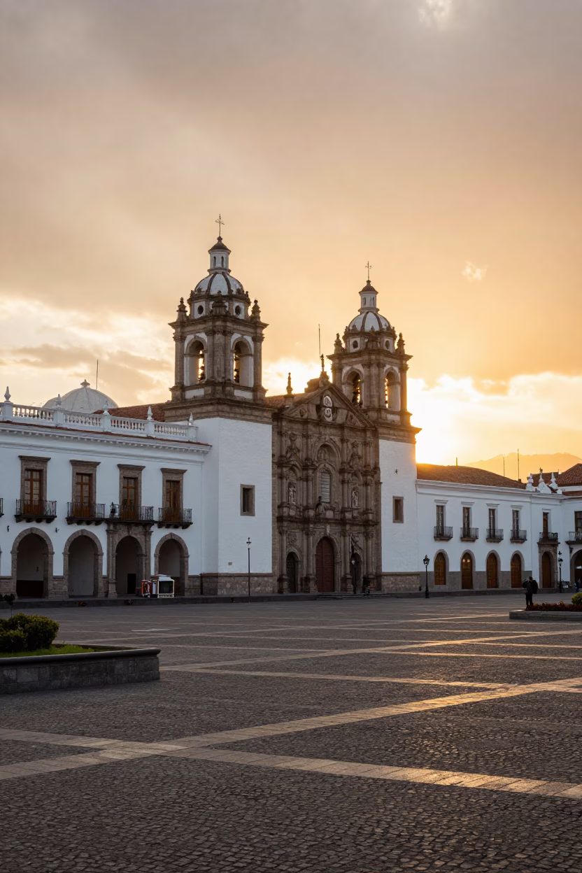 Sunset Light on Quito's Historic Plaza and Andean Mountain Backdrop in in Quito, Ecuador