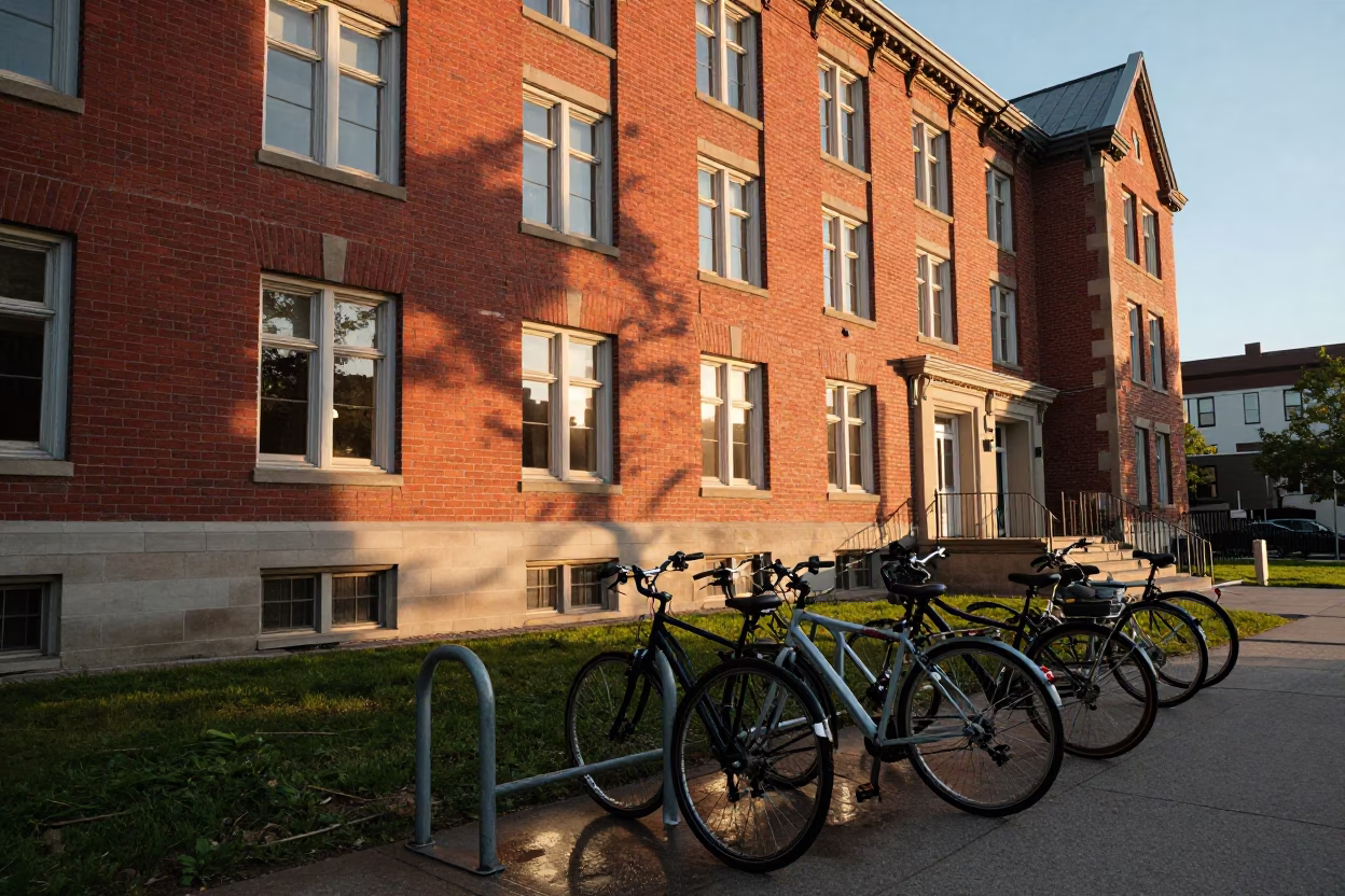 Sunset light on red brick lecture building and campus bicycle rack in Montreal Quebec in in Montreal, Quebec, Canada