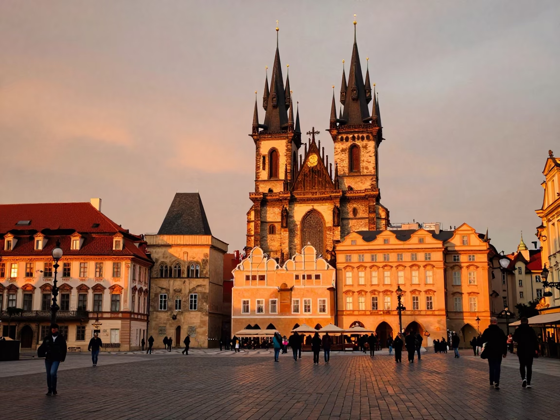 Sunset Light on 's Old Town Square in Prague in in Prague, Czech Republic