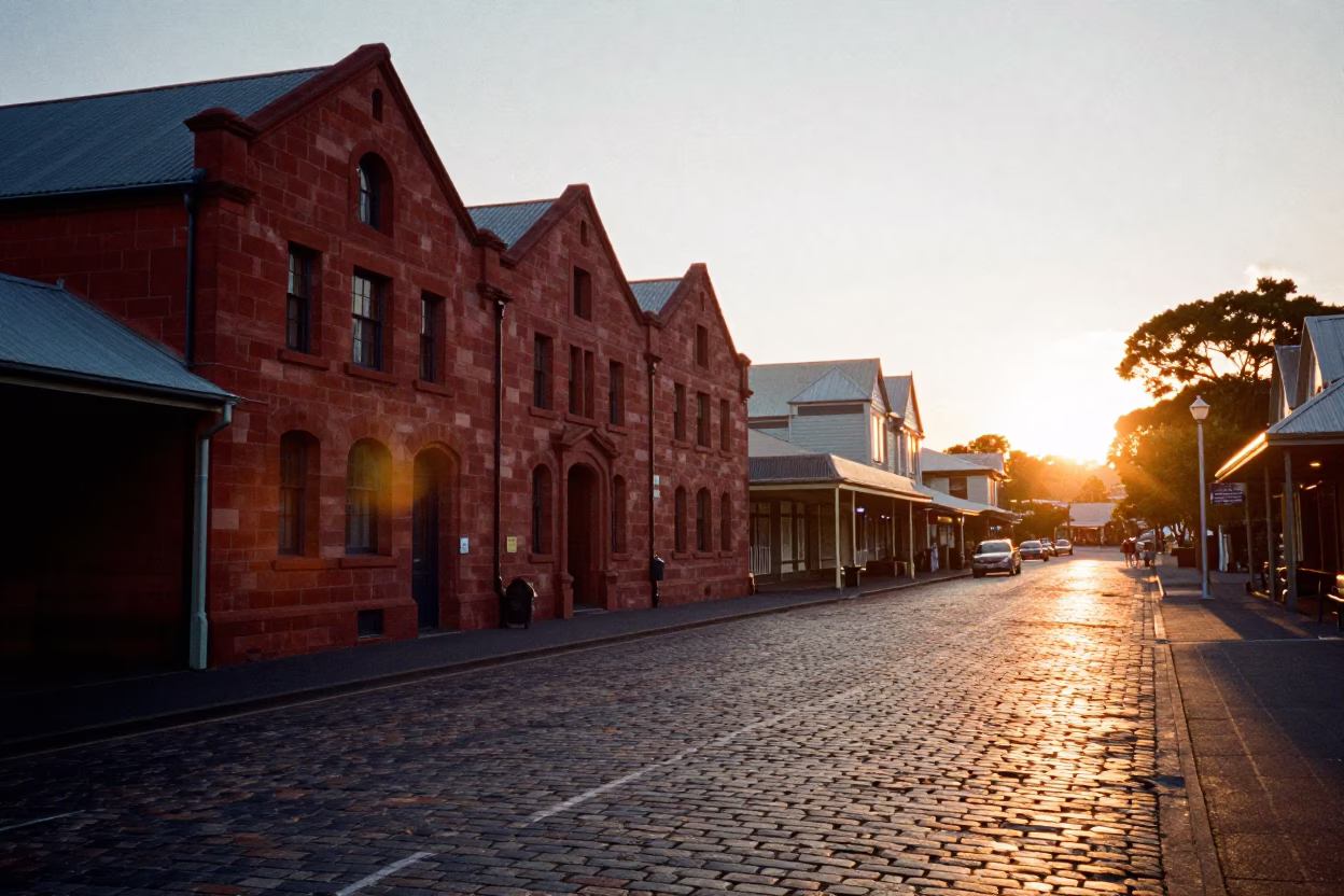 Sunset Light on Salamanca Place Hobart Tasmania Cobblestone Street with Apples and Brushed Steel in in Hobart, Tasmania, Australia