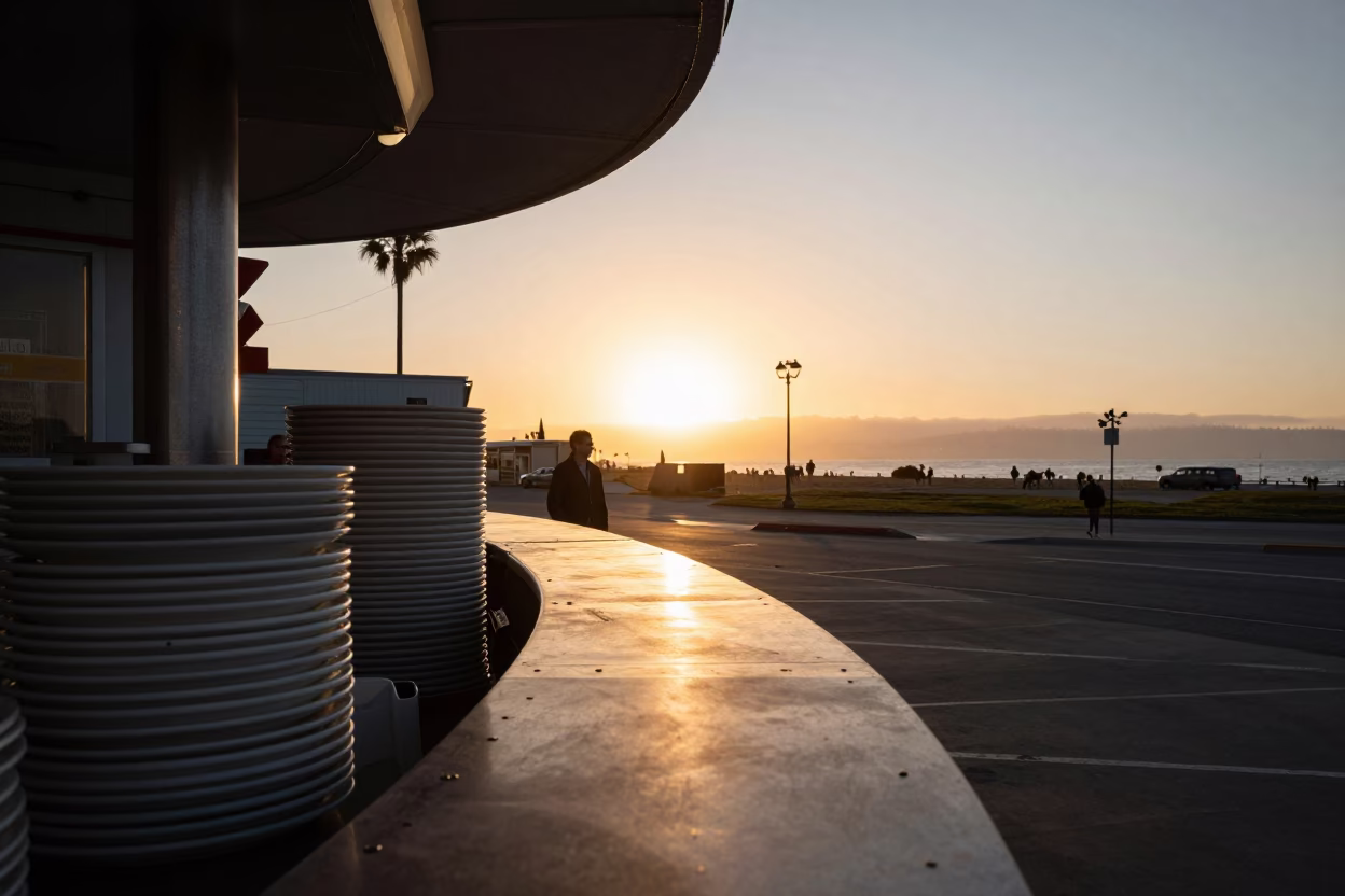 Sunset light on San Diego boardwalk with stacked plates and sun stripe in in San Diego, California, United States