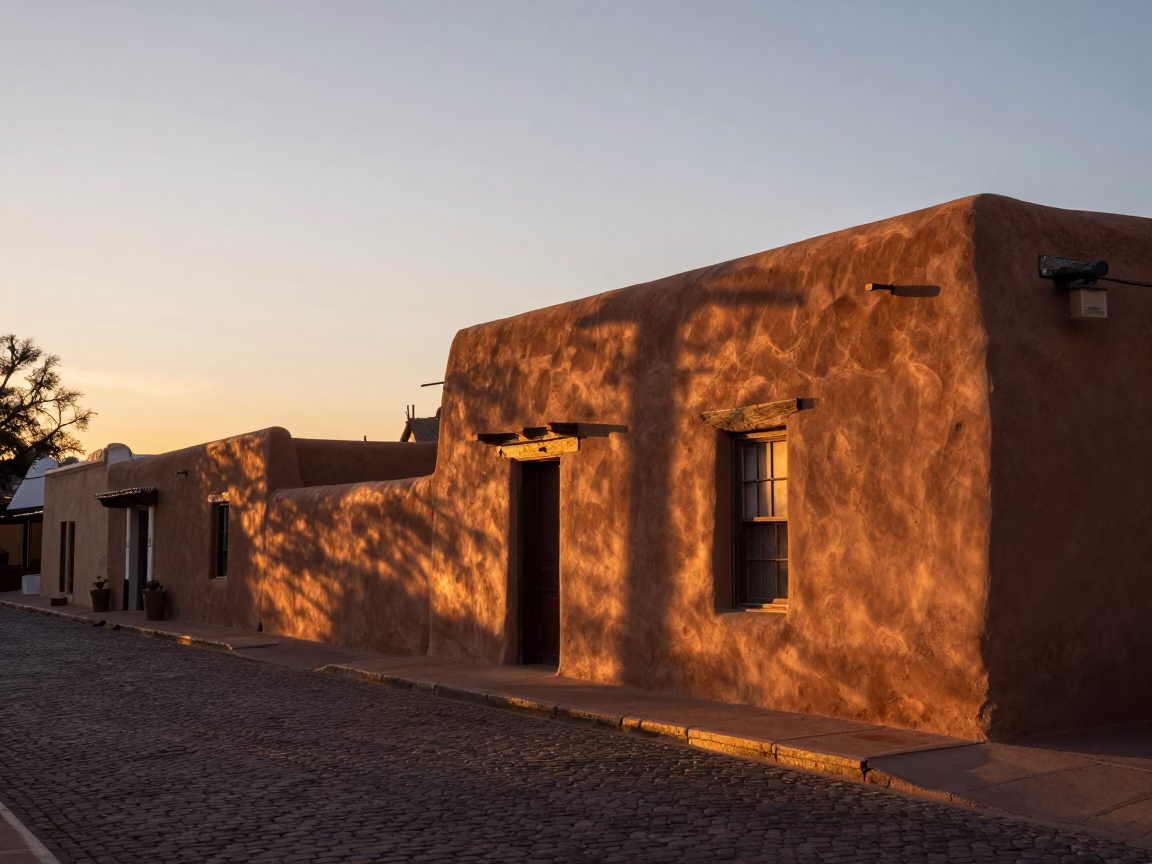 Sunset Light on Santa Fe Adobe Architecture and Street Scene in in Santa Fe, New Mexico, United States