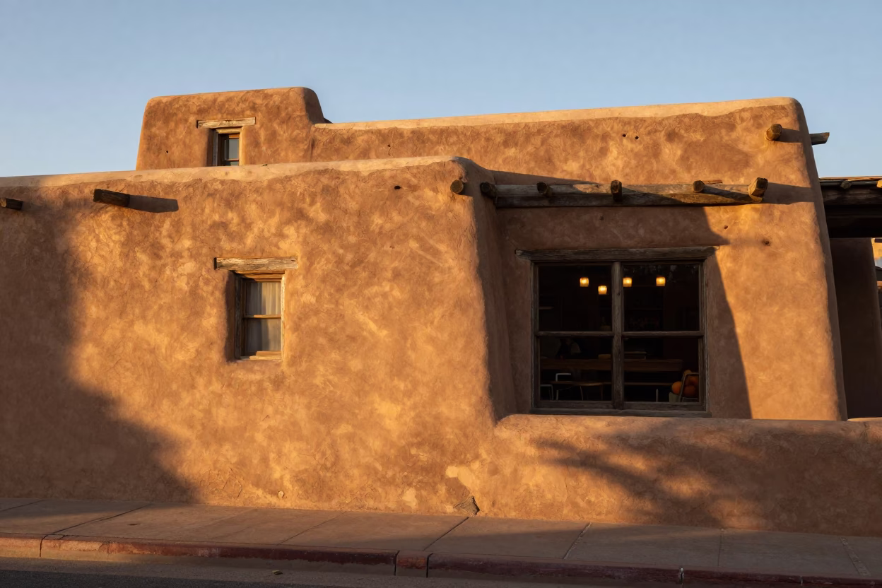 Sunset Light on Santa Fe Adobe Walls with Apricots on Cafe Counter in in Santa Fe, New Mexico, United States