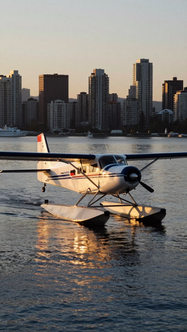 Sunset Light on Seaplane Landing in Vancouver in in Vancouver, British Columbia, Canada