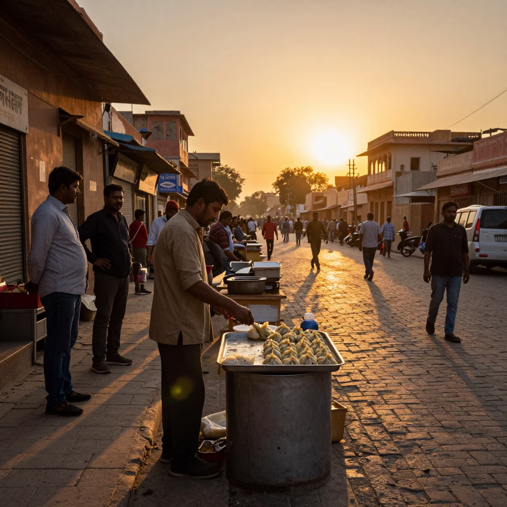 Sunset Light on Selling Momos in Jaipur in in Jaipur, India
