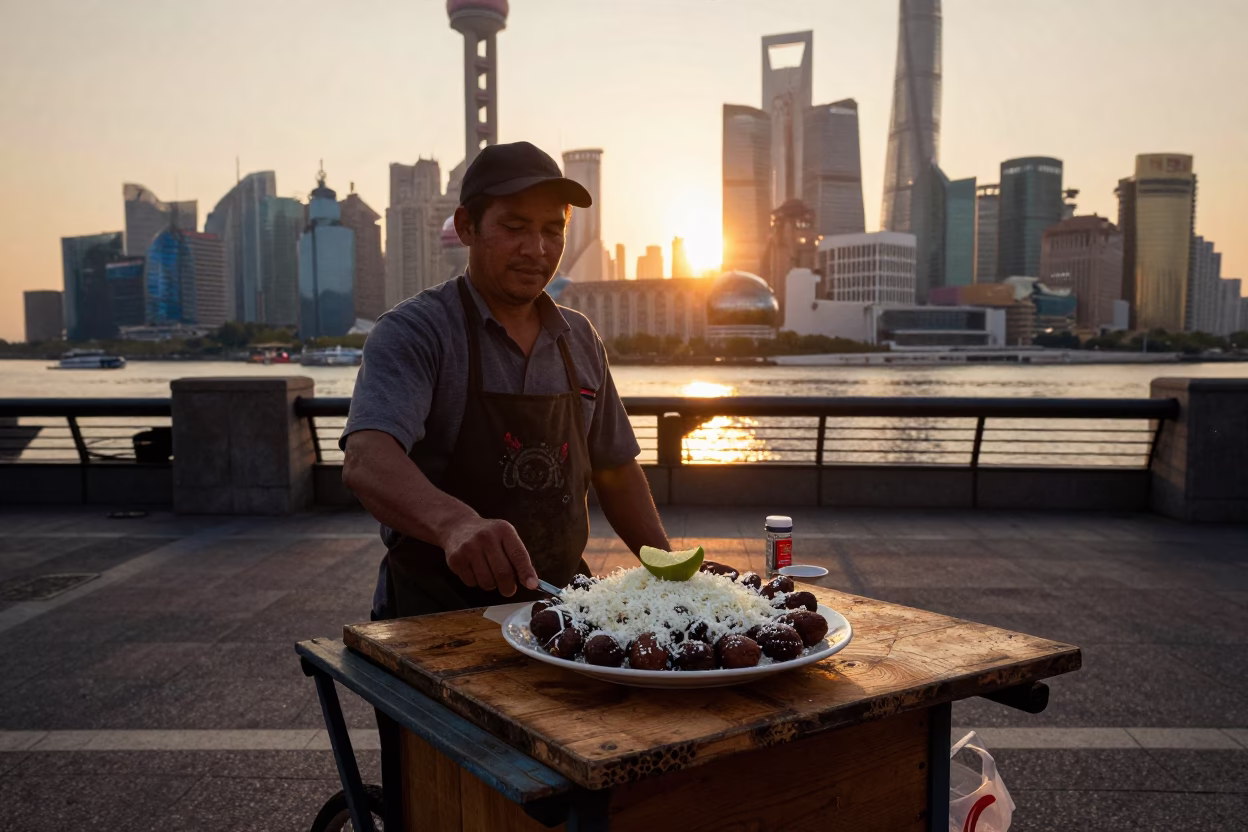Sunset Light on Serving Elote in Shanghai in in Shanghai, China