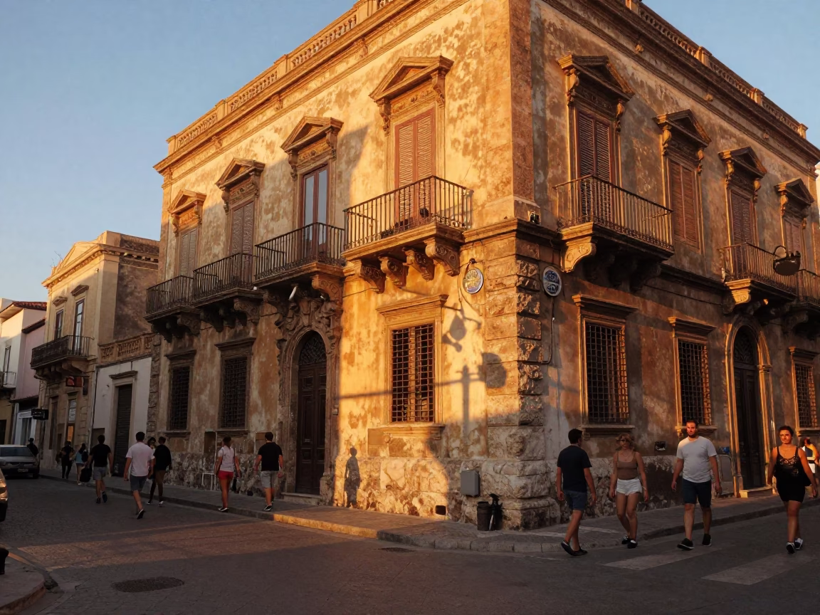 Sunset light on Sicilian street corner with local cafe details and bustling Palermo atmosphere in in Palermo, Italy