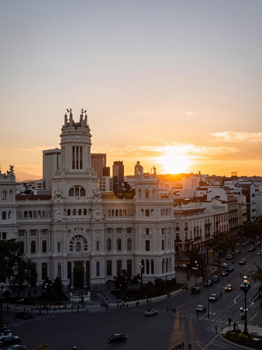 Sunset Light on Skyline in Madrid in in Madrid, Spain
