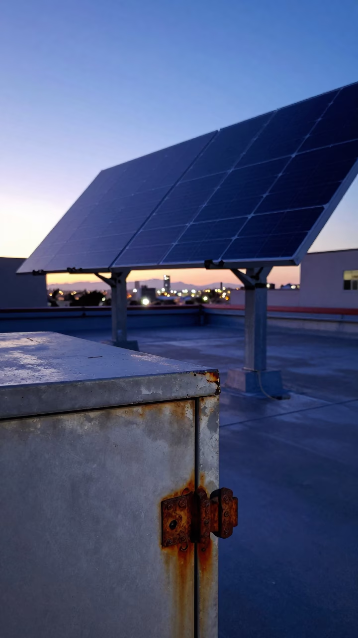 Sunset Light on Solar Array and Rusty Latch in Los Angeles California Evening in in Los Angeles, California, United States